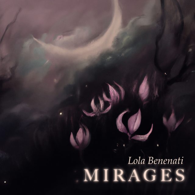 Pochette de l’EP Mirages : peinture nocturne violette de fleurs pâles et d’un croissant de lune, titre en capitales blanches.